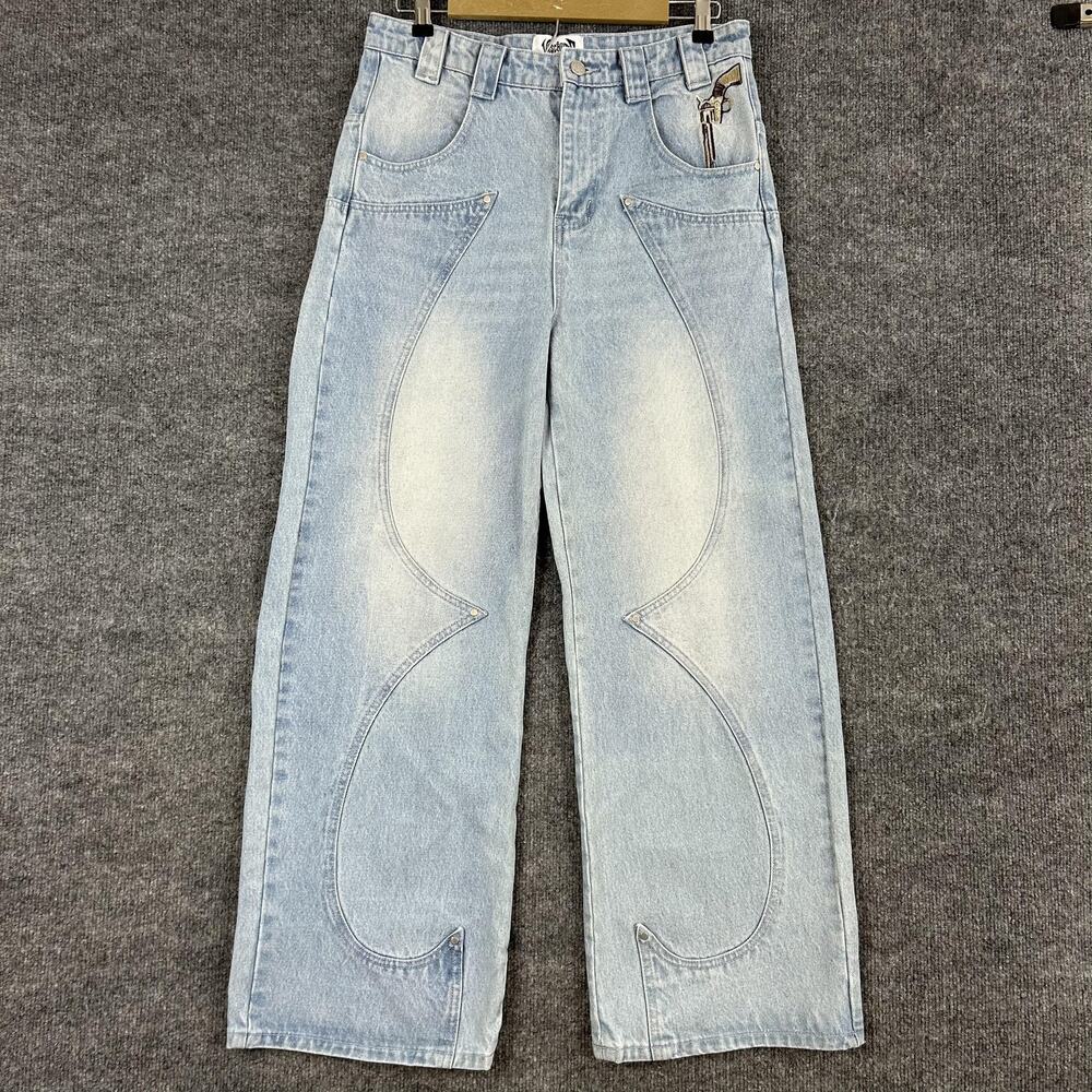 Vescartes Jeans Mens Medium Fast Draw Light Blue with Western Embroidery Cowboy